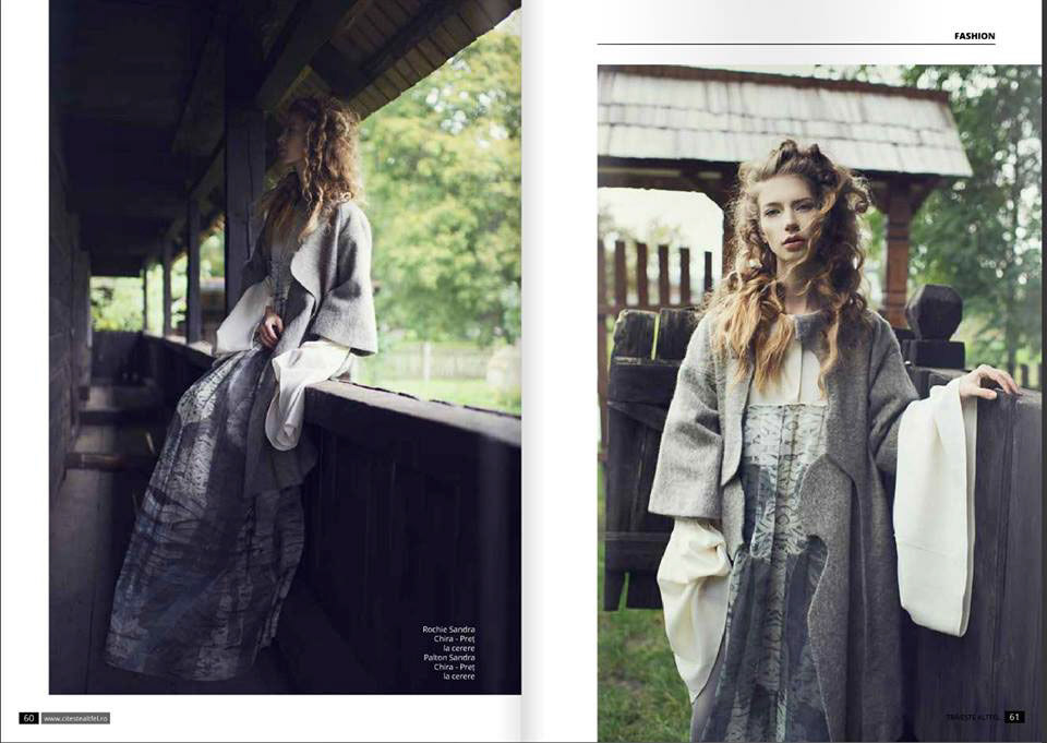 Magazine spread with Diana Dalban in a Romanian village set-up.